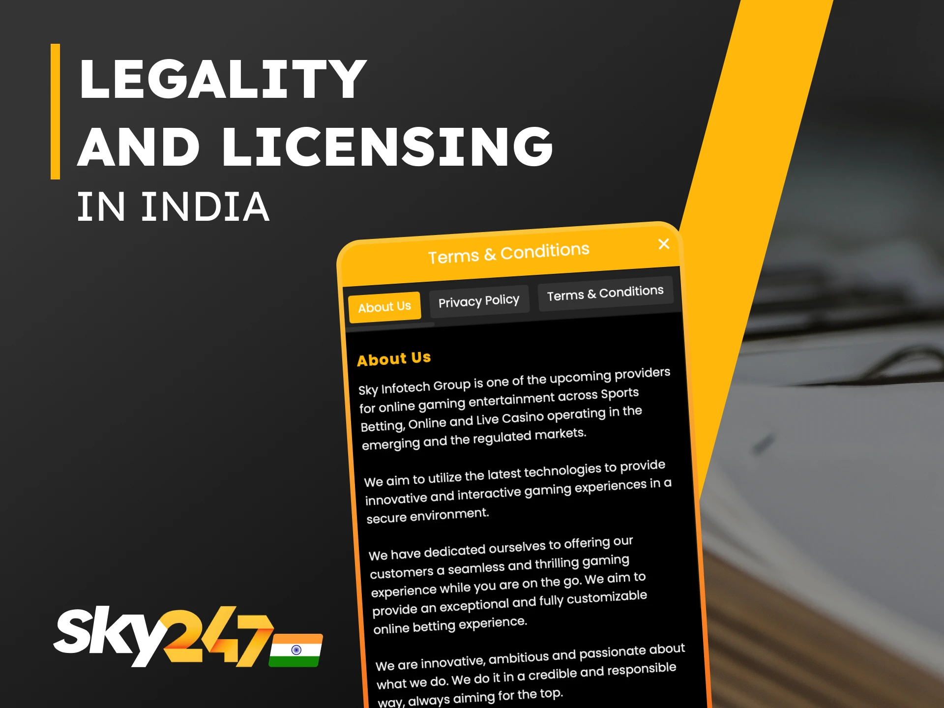 Sky247 official license text showing Curaçao eGaming 8048/JAZ.