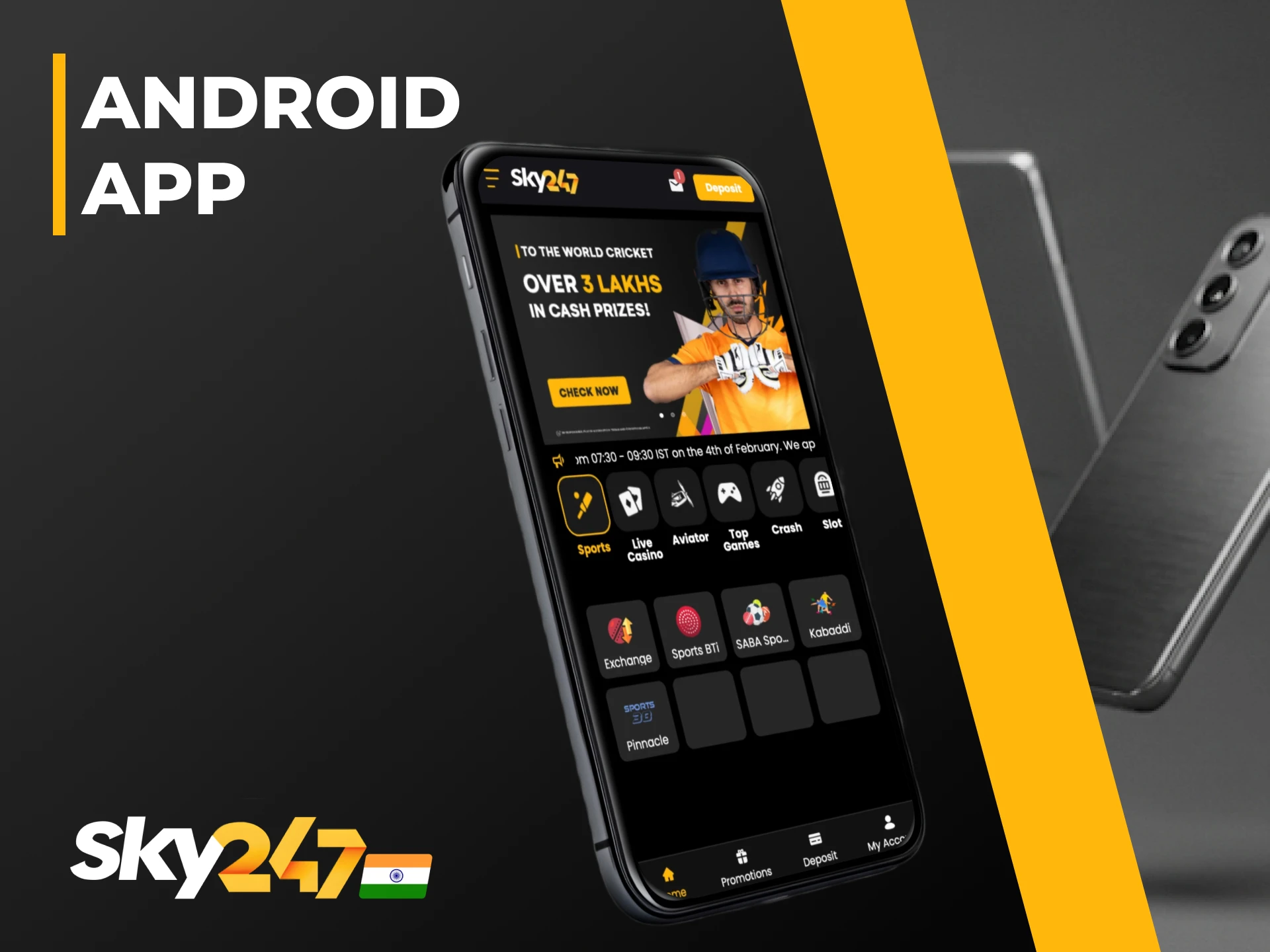 Download the Sky247 Android app to start mobile sports betting.
