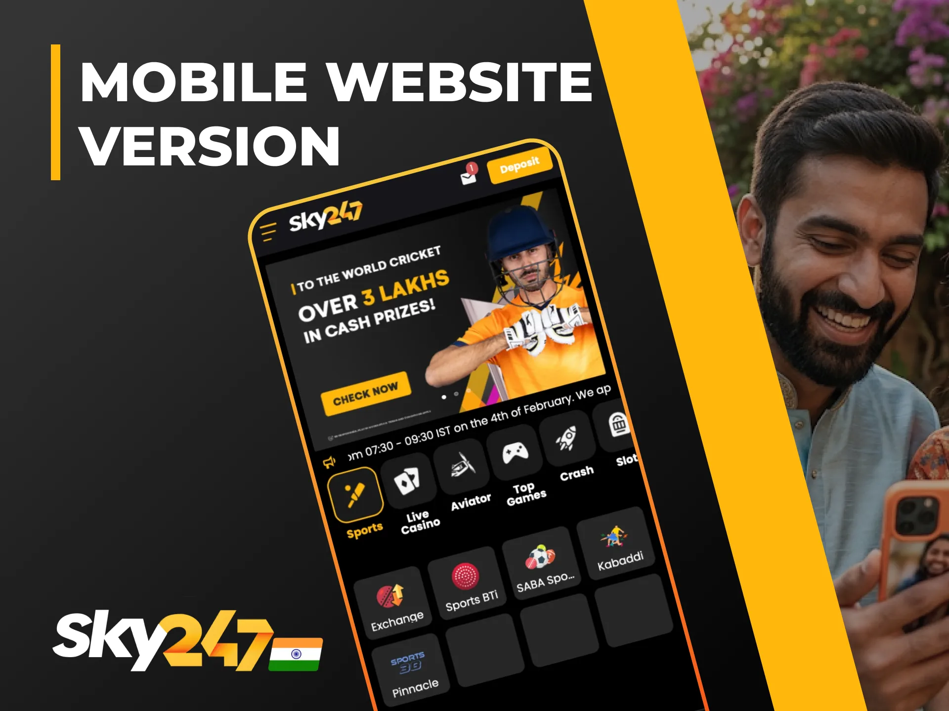 Open the mobile version of Sky247 to start convenient sports betting.